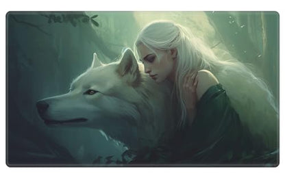 Playmat 24" x 14" Game Mats Tabletop Magic for MTG/TCG Cards, Trading Card Game Playing Stitched Play Mats Commander Deck Gaming Desk Mat Card Gameplay Mats, Elven Maiden with Wolf - color: Elven Maiden With Wolf, size: 24"X14"