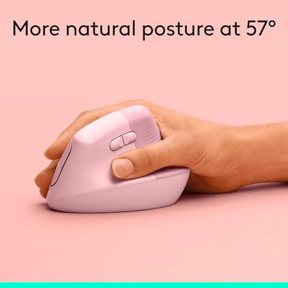 Logitech Lift Vertical Ergonomic Wireless Mouse - Rose | Connect via Bluetooth or included Logi Bolt USB-A receiver, quiet clicks, 4 of 6 buttons customizable, Windows Mac compatible - color: Rose, style: Right-Handed