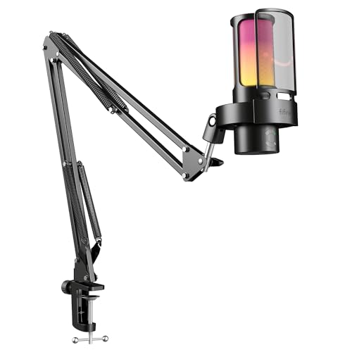 FIFINE Gaming USB Microphone Bundle with Arm Stand, RGB Condenser Desktop Mic with 4 Polar Patterns for Streaming, Mic Boom Arm with Heavy Duty Clamp, Suspension Scissor for Voice-Over(A8Plus+CS1)