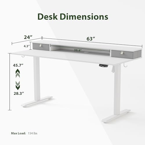 Agilestic 63 x 24 Inches Electric Standing Desk with 2 Storage Drawers, Stand Up Desk Adjustable Height, Sit and Stand Computer Table with Splice Board, White - color: White, size: 63 x 24 Inches with 2 drawers