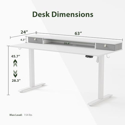 Agilestic 63 x 24 Inches Electric Standing Desk with 2 Storage Drawers, Stand Up Desk Adjustable Height, Sit and Stand Computer Table with Splice Board, White - color: White, size: 63 x 24 Inches with 2 drawers