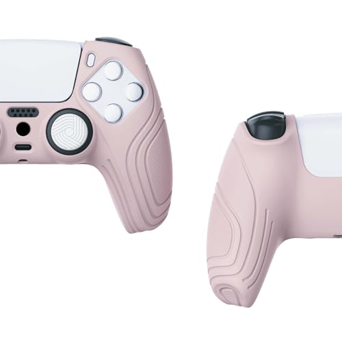 eXtremeRate PlayVital Samurai Edition Cherry Blossoms Pink Anti-Slip Controller Silicone Skin for ps5, Ergonomic Soft Rubber Protective Case for ps5 with White Thumb Stick Caps - color: Cherry Blossoms Pink