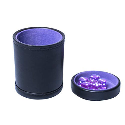 PU Leather Dice Cup with Lid, Purple Velvet Interior Quiet Dice Shaker Cup Including 6 Purple Translucent Dice for Liars Dice/ Farkle/ Yahtzee Games, 1 Pack - color: Purple