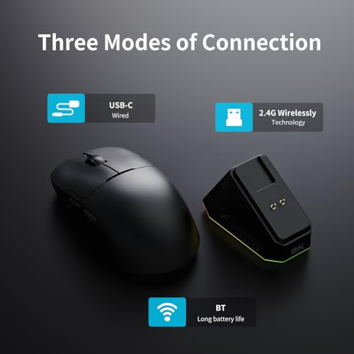 DAIDAI AJ159PRO 8Khz Bluetooth/2.4G/Wired 56G Lightweight Gaming Mouse with Magnetic Charging Dock, PAW3395 Sensor 26KDPI, Huanuo 100 Million Click, 100% ETFE Foot Pad & 8Khz Receiver - color: AJ159 Pro Black
