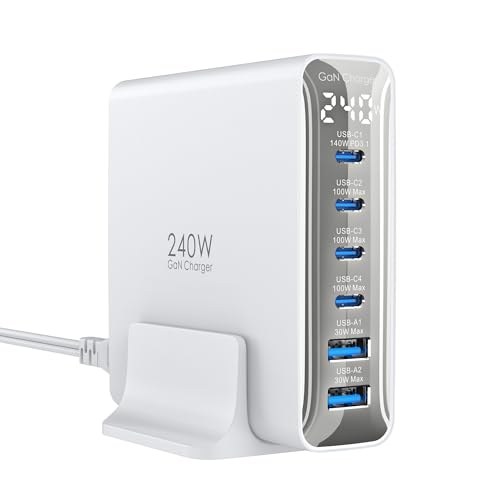 TOPADRE 240W USB C Charger with Display,6 Ports Charging Station | Laptop GaN Desktop Charger,140W Fast Charging Block for MacBook, iPad, iPhone 17/16, Galaxy S25/S24, Dell XPS and More - color: White