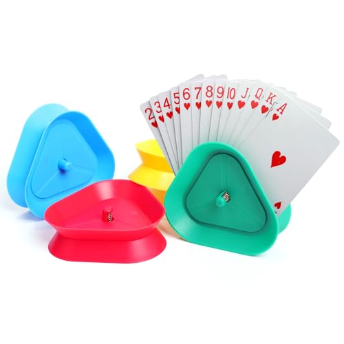 4 Pcs Playing Card Game Holders, 4 Colors Hands Free Triangle Shaped Poker Tray, Holds Up to 15 Poker Cards Hands for Adults, Parties, Classroom Activities, Not Included Cards - color: 2