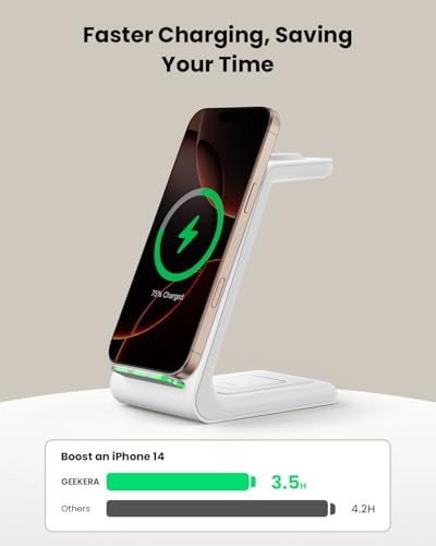 GEEKERA 3 in 1 Wireless Charging Station for Apple, Fast Wireless Charger Stand Dock for iPhone 17 16 15 14 13 12 11 Pro Max Plus XR XS X, Apple Watch Ultra/11/10/9/SE/8/7/6/5/4/3/2, AirPods Pro/4/3/2 - color: White