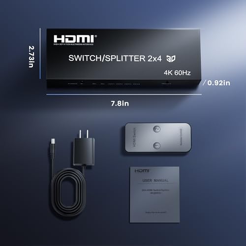 4K@60Hz HDMI Switch Splitter 2 in 4 Out with Remote, SPDIF and 3.5mm Audio | HDMI Matrix Supports HDR10, HDCP2.2 and 3D for PS5/4,Xbox,Fire Stick,etc