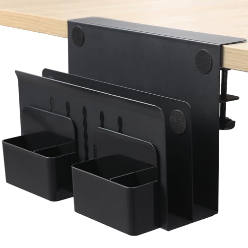 MAXECHO Desk Side Storage, Under Desk Laptop Mount, Table Side Hanging File Organizer, No Drill Clamp On Cable Management Tray, Laptop Holder with Magnetic Pen Holder for Office and Home, Load 22 Lbs - color: Black, size: Double-deck with Pen Holder