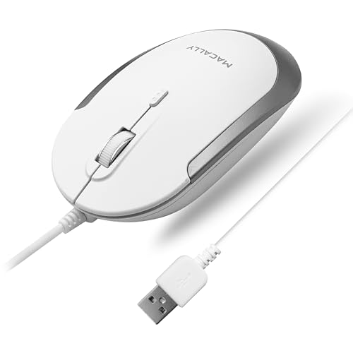Macally Silent Wired Mouse - Slim & Compact USB Mouse for Apple Mac or Windows PC Laptop/Desktop - Designed with Optical Sensor & DPI Switch - Simple & Comfortable Wired Computer Mouse (White) - color: White with Silver Trim
