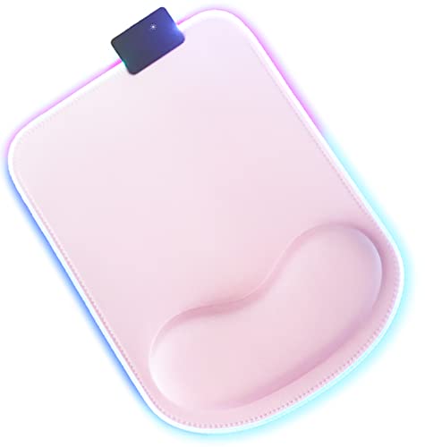 RGB LED Wrist Support Mouse Pad with 13 Lighting Modes, Anti-Slip Rubber Base, Ergonomic for Gaming, Office, Home - 11.8 x 8.5 in (Pink) - color: Pink