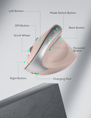 Nulea Ergonomic Vertical Wireless Mouse with Silent Click and Rechargeable | Dual Mode Bluetooth and 2.4G Mouse With 6 Buttons, Long Battery Life,4 Adjustable DPI, Quiet Operation for Laptop and Desktop - color: Pink