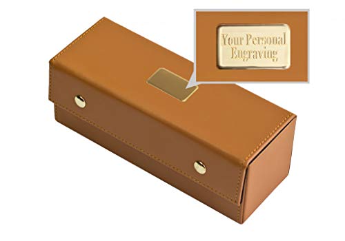 Alex Cramer Travel Domino Set with Caramel Leather Case - Tournament Traveler Personalized - No Spinners Domino Set - 28 Indestructible Double-Six Dominoes with Personalized Brass Plate - style: Personalized Domino Set