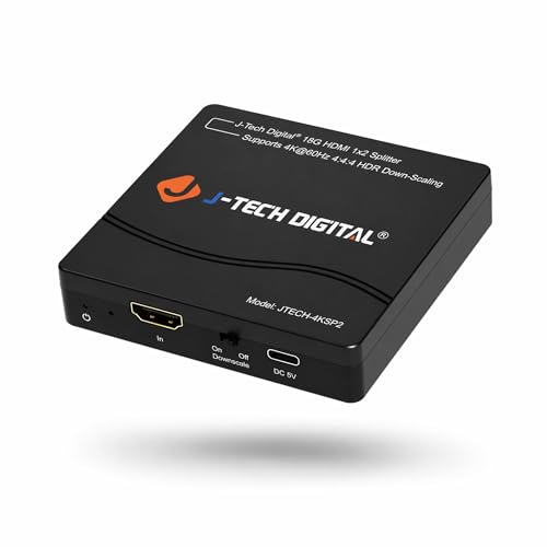 J-Tech Digital HDMI Splitter 1 in 2 Out 4K 60Hz Multi-Resolution Output (MRO) HDMI 2.0 Splitter Supports Downscale HDR HDR10 / Dolby Vision 4K@60Hz 4:4:4 HDCP2.3 2.2 (JTECH-4KSP2)