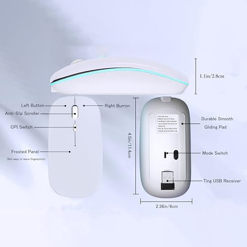 WREANU Wireless Bluetooth Mouse Rechargeable Laptop Mice with LED Lights Silent Slim Use(BT5.2 & USB 2.4G Portable Receiver) Dual Mode Computer Mouse for Laptop/iPad/Tablet/Apple/Computer/Mac(White) - color: White Wireless Bluetooth Mouse