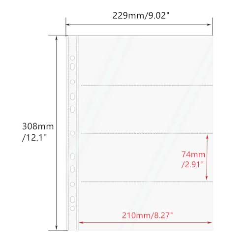 Mogoostry A4 Clear Sheet Protectors 4 Pocket Binder Sleeves 20 Sheets 11 Holes Side Open Banknote Protector Currency Collection Page Protector - color: 4-pocket