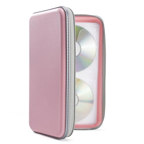 UENTIP CD Case,96 Capacity Hard Plastic DVD Case Holder for Car Home Travel | CD DVD Storage,Zipper Closure,Scratch-Resistant Sleeves,Stay Away Dust and Damp,Storage Music Video Gaming Discs Blu-ray - color: light pink