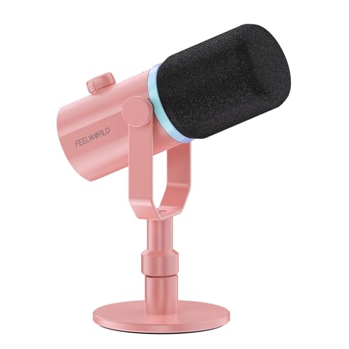 FEELWORLD PM1 Pink XLR USB Metal Podcast Dynamic Microphone with Desktop | PC Computer Gaming Streaming Mic with RGB Light, Studio Vocal Mic for Singing Recording Gifts, Mute Button, Headphones Jack - color: Pink