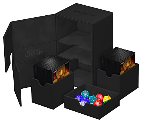 Ultimate Guard Twin Flip'n'Tray 160+, Deck Case for 160 Double-Sleeved TCG Cards + Dice Tray, Black, Independent Magnetic Closure & Microfiber Inner Lining - color: Black, size: 160+