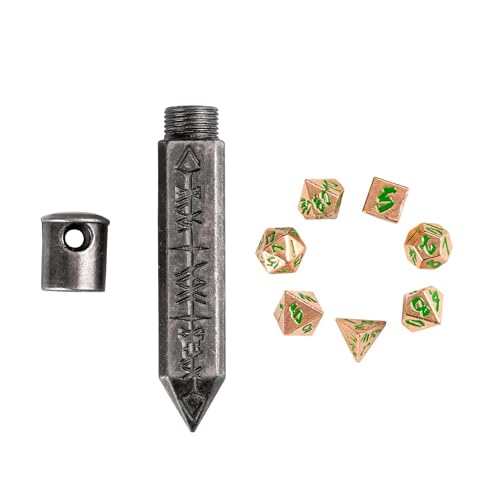 Mini Dice Set with Rune Keychain Case,7PCS Polyhedral Metal Dice Set for DND Role Playing Games(Silver/Red Copper Green) - color: Silver/Red Copper Green