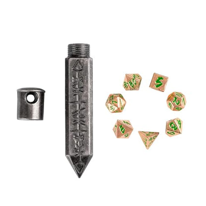 Mini Dice Set with Rune Keychain Case,7PCS Polyhedral Metal Dice Set for DND Role Playing Games(Silver/Red Copper Green) - color: Silver/Red Copper Green