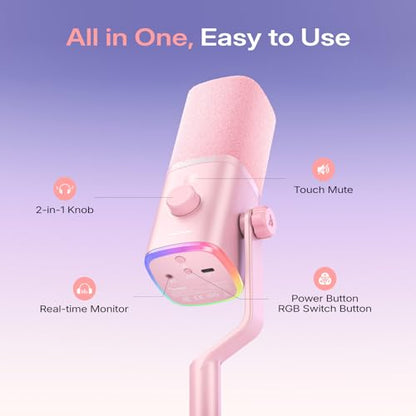 MAONO PD100W USB Wireless Dynamic Microphone for PC, Gaming Streaming Podcast Mic with Noise Reduction,Custom RGB, Mute，Volume Control, Computer Boom Mic for Vocal Recording, Pink