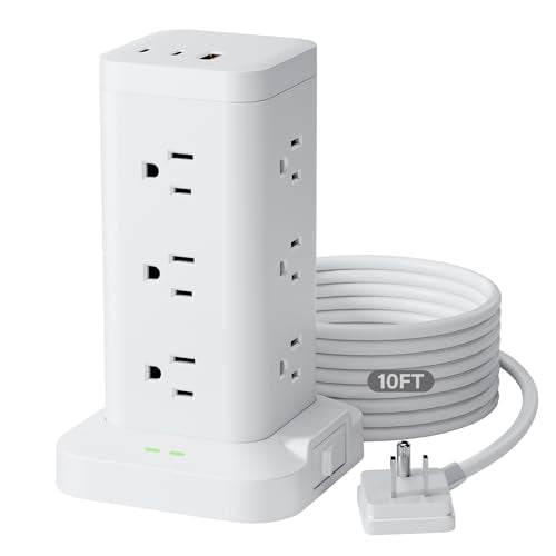 Power Strip Tower with Surge Protector 1800J, Fast Charging Tower PD20W USB-C Ports with 12 AC Outlets, Extension Cord for Home Office Dorm Room, 9.8ft, White - color: White, size: 9.8ft