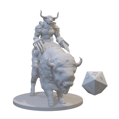 Minotaur Miniatures for DND Pathfinder RPG Unpainted Resin 28mm-32mm 3D Printed (Minotaur Fighter on Buffalo Mount - Large)