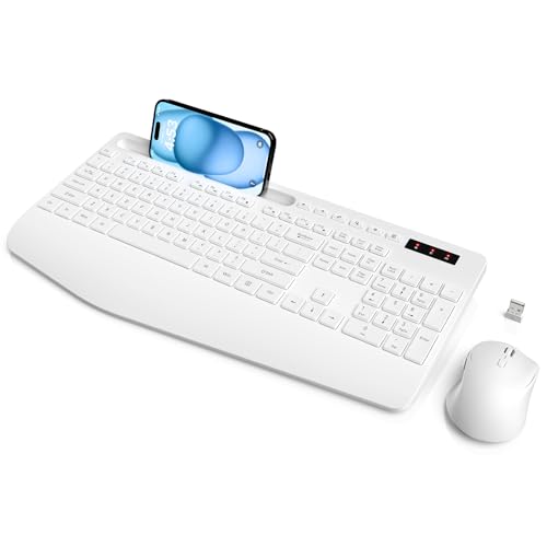 SABLUTE Wireless Keyboard and Mouse Combo, Full Size, Ergonomic Wrist Rest | 2.4G Lag-Free, 3-Level DPI, Phone Holder, Silent Typing, KM23D Batteries Powered Set for PC, Laptop, Windows, macOS (White) - color: Pearl White, size: 1 Pack