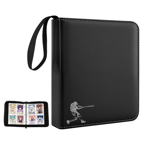 PU Leather Baseball Card Binder 4 Pocket,Holds 400 Cards Double Sided Black Card Binder,50 Removable Sleeves Baseball Cards Binder,3 Ring Zipper Holder Sports Cards Collection for TCG, MTG - color: Black, size: Medium