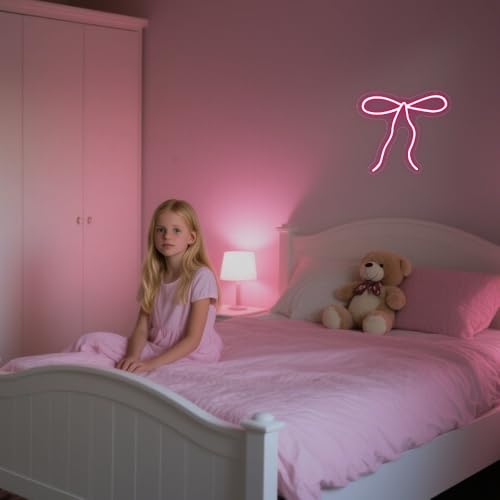 Bow Neon Sign, Pink Ribbon Bow Neon Signs for Wall Decor Pink LED Neon Light for Girl's Girly Room Bridal Shower Wedding Nursery Christmas Birthday Party Gift Dimmable USB Powered (10.2"*9.6") - style: Pink Bow