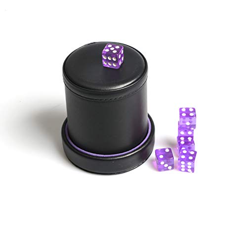 PU Leather Dice Cup Purple Velvet Lined Quiet Shaker with Lid Including 6 Purple Translucent Dice for Liars Dice Farkle Yahtzee Board Games - color: Purple