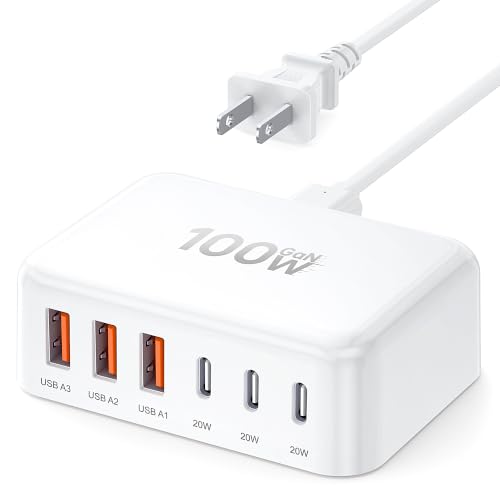 [2026 Updated] USB C Fast Charger, 100W GaN 6 Port Type C Charging Station Hub Block Cube, USB C Wall Charger Power Strip Adapter Plug for iPad iPhone 17 16 15 14 Pro Max Pixel Note Galaxy, 5ft Cord - color: A-White, size: 100W