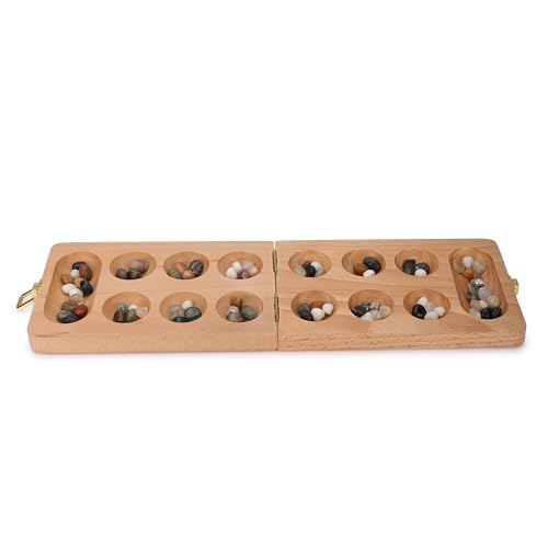 Ajuny Mancala Board Game, Real Natural Stones, Folding Wooden Travel Set | Solid beech wood, 80 unique real stones (48+32), folds & latches shut. Screen-free 2 player game for family night, kids 6+ - size: 8 Inch