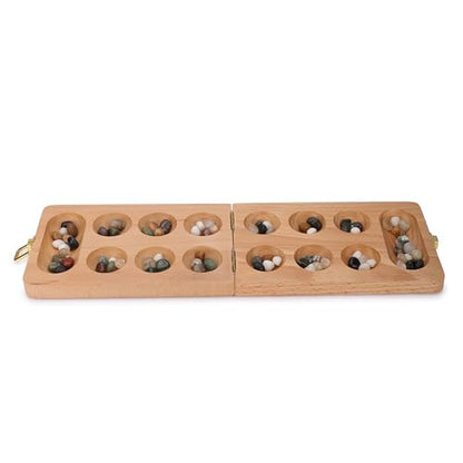 Ajuny Mancala Board Game, Real Natural Stones, Folding Wooden Travel Set | Solid beech wood, 80 unique real stones (48+32), folds & latches shut. Screen-free 2 player game for family night, kids 6+ - size: 8 Inch