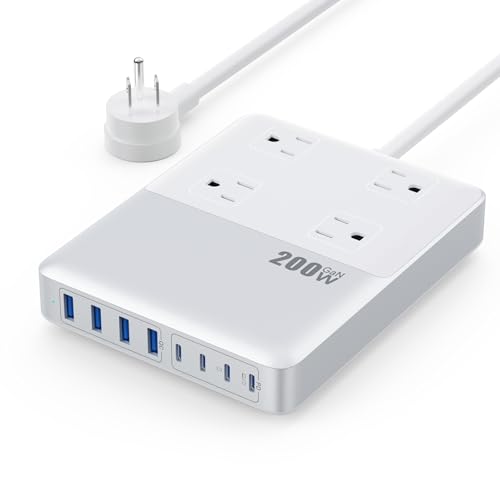 200W USB C Charging Station Power Strip with Cord and Plug,USB C Charger Block,4 AC Outlets,8 USB Ports for MacBook,iPhone 17/16/15,Fast Charging Desktop Charger for Office,Home (White) - color: White, size: 200W