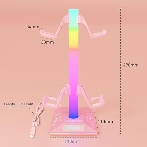 VCOM RGB Gaming Headphones Stand with 2 USB Ports, Pink Headset Stand with 10 Light Modes and Non-Slip Rubber, Suitable for PC Desk Accessories Gamers Gift(Pink)