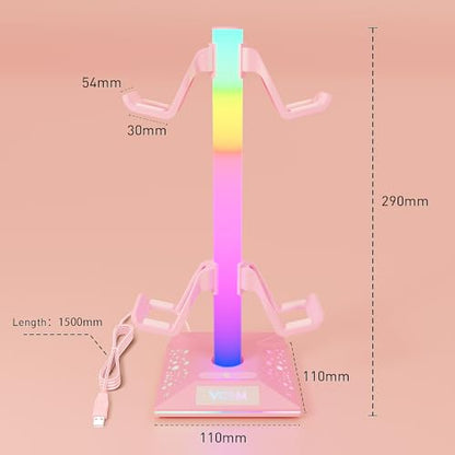 VCOM RGB Gaming Headphones Stand with 2 USB Ports, Pink Headset Stand with 10 Light Modes and Non-Slip Rubber, Suitable for PC Desk Accessories Gamers Gift(Pink)