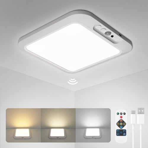 wowatt Rechargeable Battery Operated Ceiling Light, Motion Sensor Light Indoor Wireless Shower Lamp with Remote 3000K 4500K 6500K Dimmable Timing for Closet, Shower, Hallway, Patio - color: Square - 3 Changing Color, size: 1 Pack