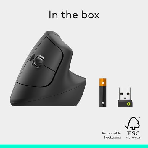 Logitech Lift Vertical Ergonomic Wireless Mouse - Graphite | Connect via Bluetooth or included Logi Bolt USB-A receiver, quiet clicks, 4 of 6 buttons customizable, Windows Mac compatible - color: Graphite, style: Right-Handed