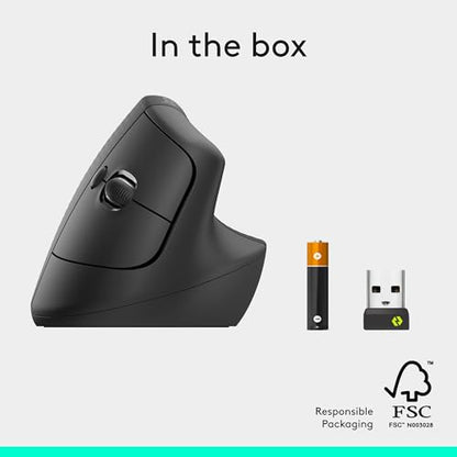 Logitech Lift Vertical Ergonomic Wireless Mouse - Graphite | Connect via Bluetooth or included Logi Bolt USB-A receiver, quiet clicks, 4 of 6 buttons customizable, Windows Mac compatible - color: Graphite, style: Right-Handed