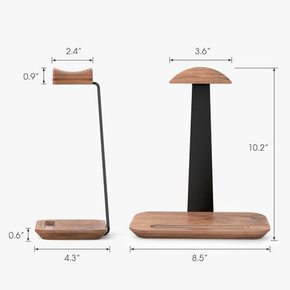 UPERGO Walnut Headphone Stand, Wood Headset Holder with Storage for Desk | Solid Walnut & Aluminum, Anti-Slip Base, Universal for Gaming Headsets & AirPods Max, Extra Storage Tray