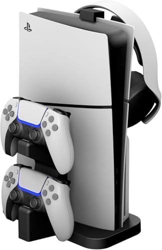 PS5 Stand with Controller Charging Station: 2.5 Hours Fast Charging Dock - Vertical Stand for PlayStation 5 Slim - PS5 Accessories with Headphone Holder & Dual Controller Charger - color: Black