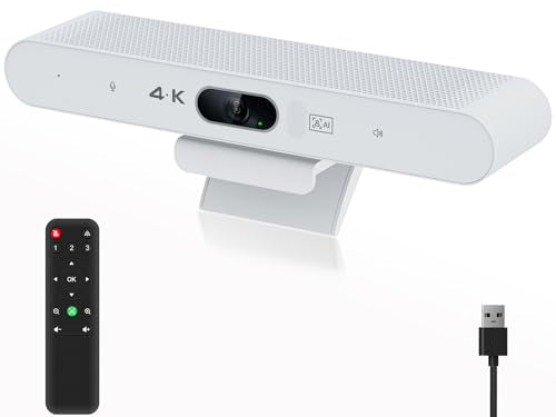 Conference Room Camera, All-in-One 4K Webcam with Microphone and Speaker, AI Tracking and Auto Framing, Wide Angle of View, Plug and Play USB Webcam for PC, Mac, Meetings, Teams, Zoom & Webex (White) - color: White