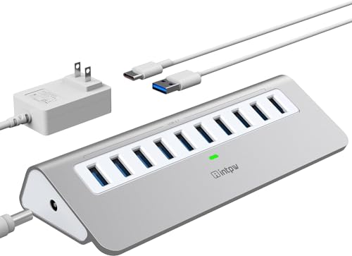 Powered USB Hub 10Gbps, intpw USB Port Hub with 10 Port USB 3.1 Data, 36W Power Adapter, 3.3FT USB-A & USB-C Cables, Aluminum USB Hub for PC, Laptop, Mac, Desktop - color: Silver, size: 10 data