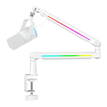FIFINE BM88ProW RGB Low Profile Microphone Boom Arm for Gaming Streaming | Rotatable Desk Mount Mic Stand, Cable Management, RGB Control for Podcast, - color: white