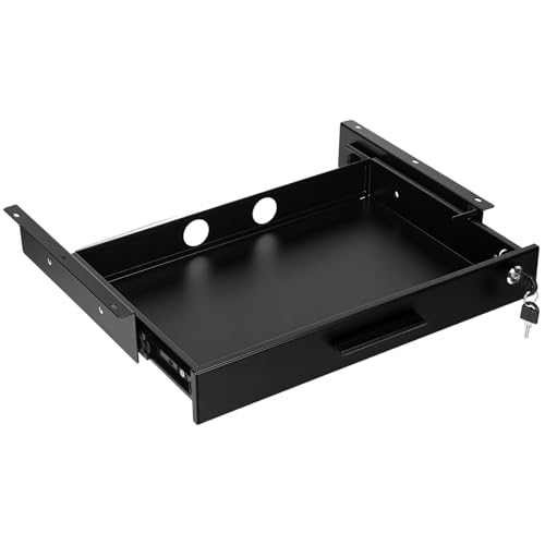 Menkxi 18'' x 12'' Under Desk Drawer Slide Out Storage Organizer, Lockable Metal Desk Drawer for Laptop and Office Accessories, Large Hidden Under Table Storage Box with Cable Management, Black - size: 18'' x 12''