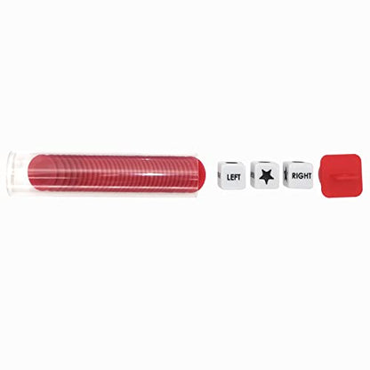 Ahoper Left Right Center Dice Game Prime Set Bundle with 3 Dices + 36 Chips. Round Tube Storage is Very Convenient for Travel. Easy to Store, Carry Around. (Red) - color: Red