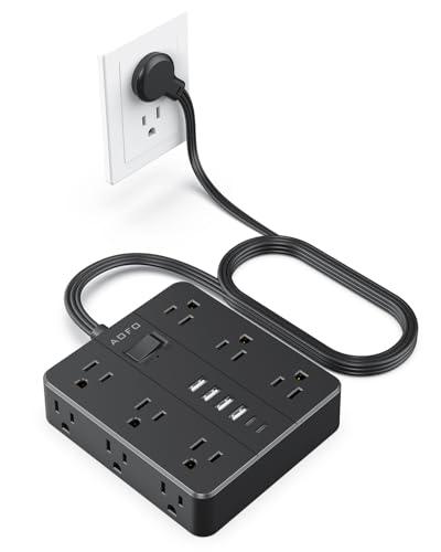 Flat Plug Power Strip, AOFO 5 Ft Extension Cord with 12 Outlets & 6 USB Ports (4 USB-A, 2 USB-C), Integrated Overload Protection, Ideal for Home, Office, Dorm, Large Spaces, Reliable and Safe, Black - color: Black, size: 5FT
