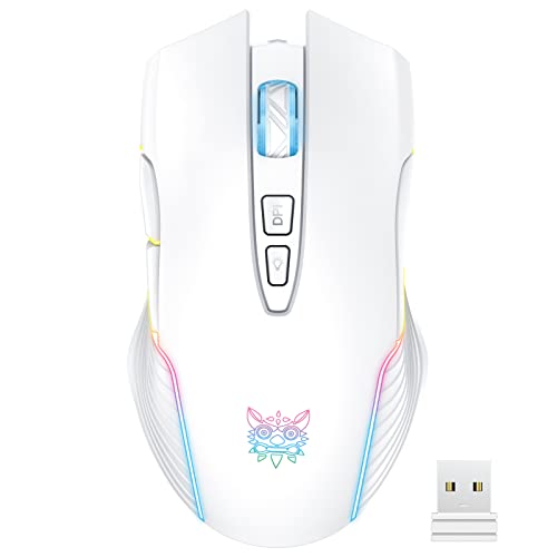 PHNIXGAM RGB Backlight Rechargeable Wireless Gaming Mouse for PC, White | Ergonomic mouse, up to 3600 DPI, 7 non-programmable buttons, works with Vista/Linux/Mac, 2.4G USB included